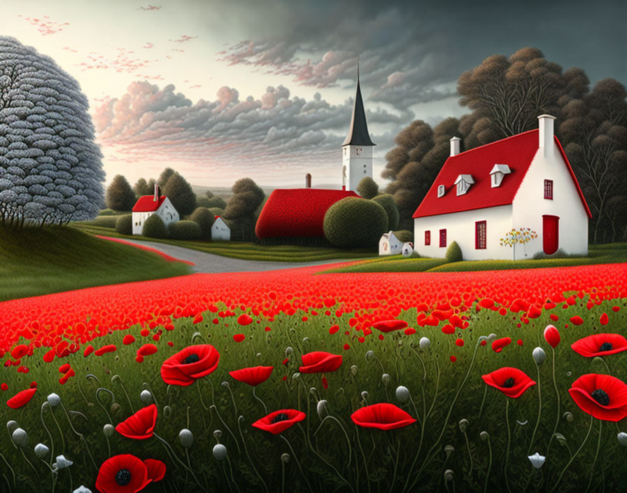 Scenic village with red-roofed houses, white church, lush trees, poppy field