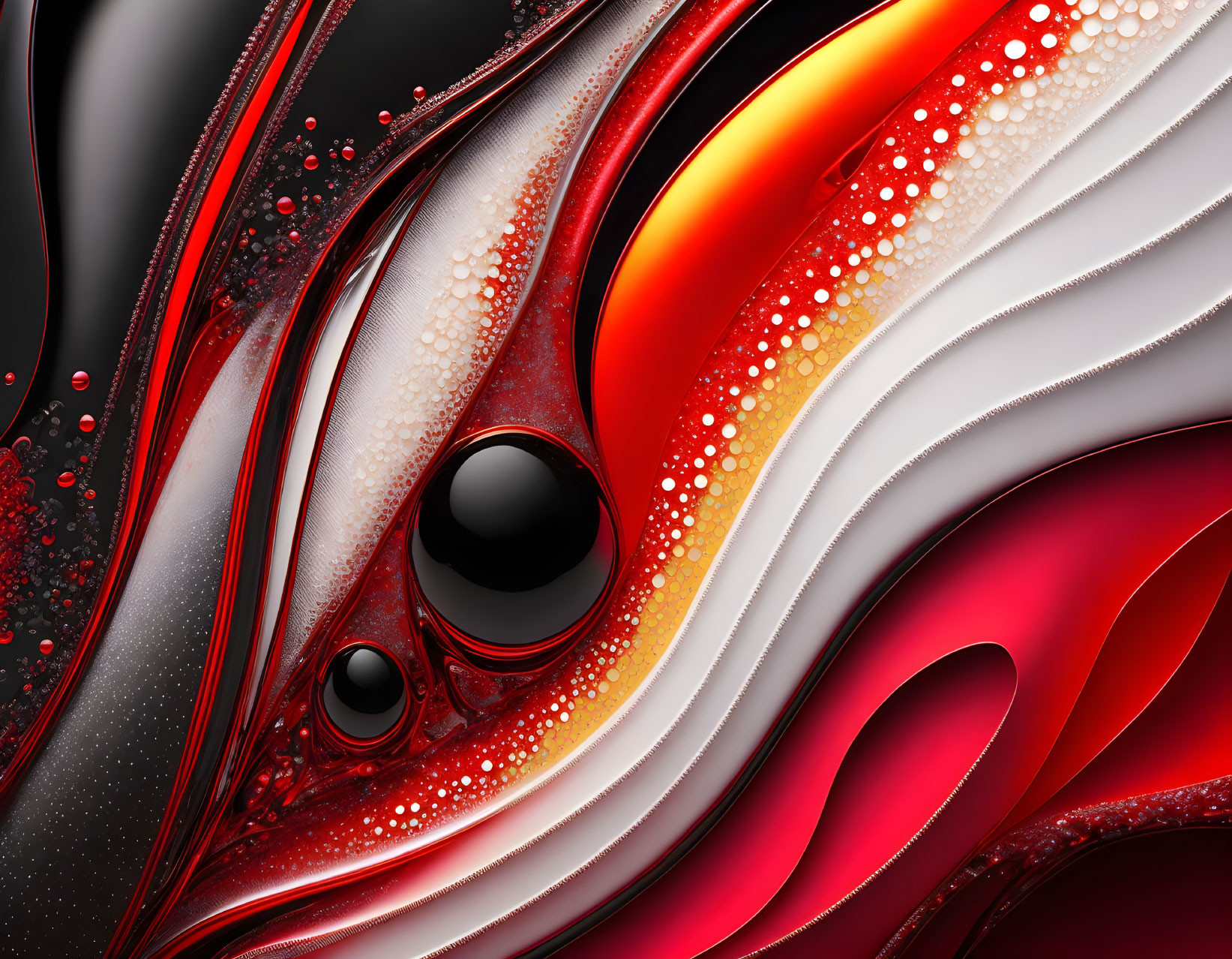 Fluid red, white, and black abstract digital art with glossy highlights