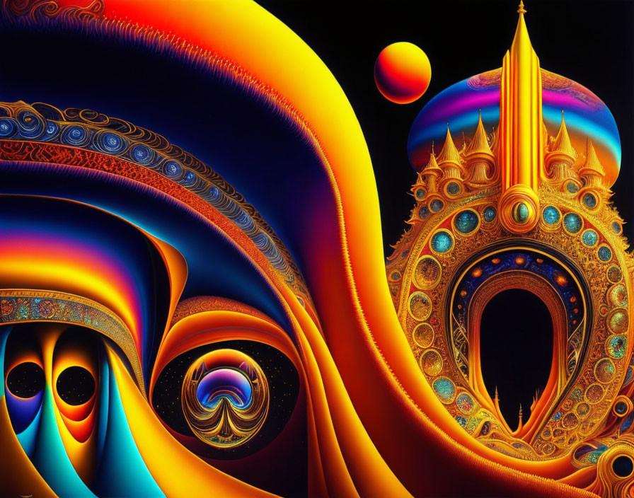 Colorful fractal art with intricate patterns and castle-like structure