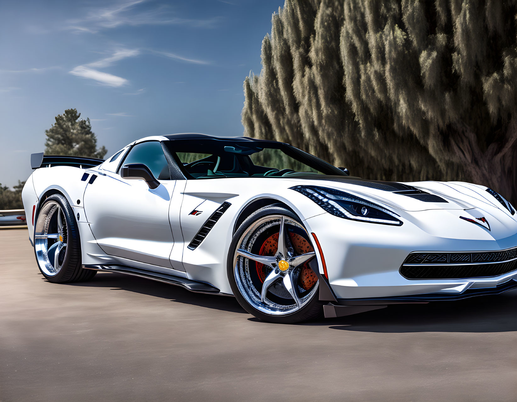 White Corvette Z06 with Black and Orange Accents and Aerodynamic Bodywork