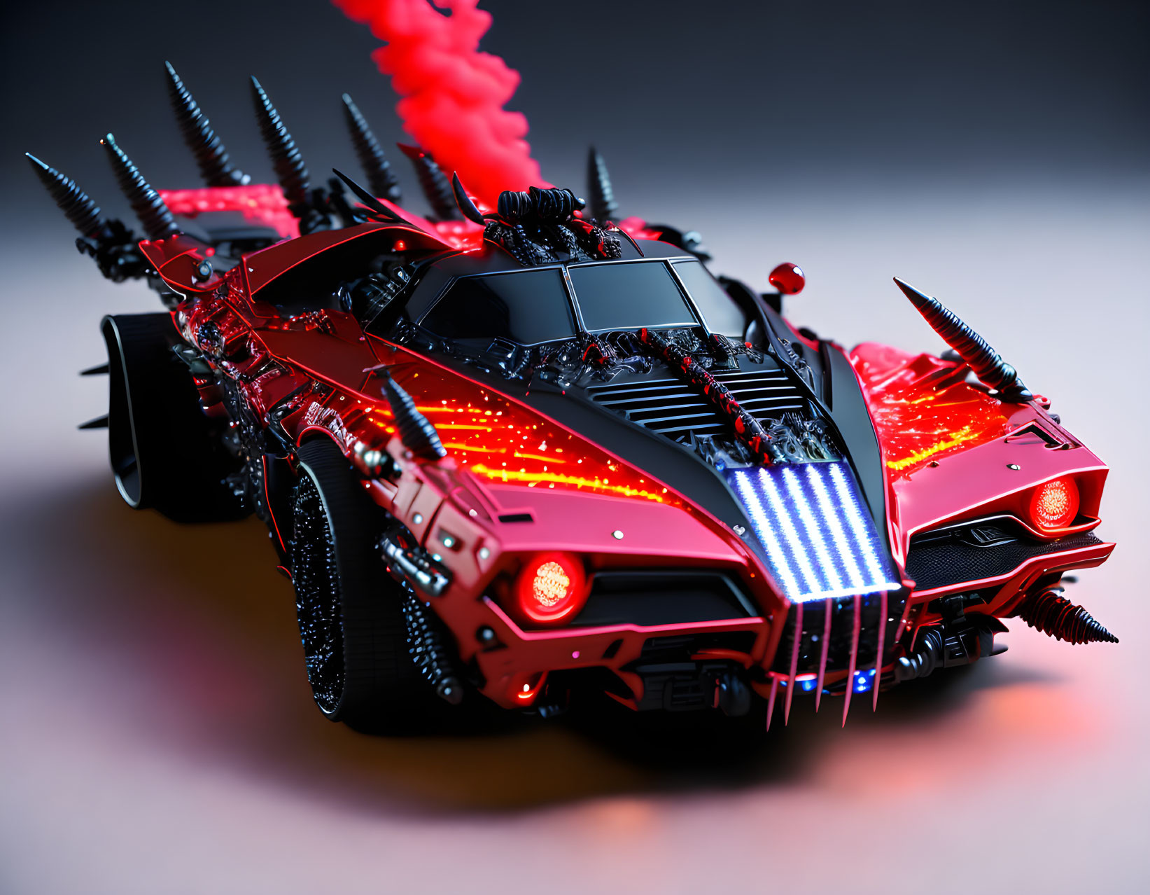 Futuristic red car with spikes and glowing accents on gray background