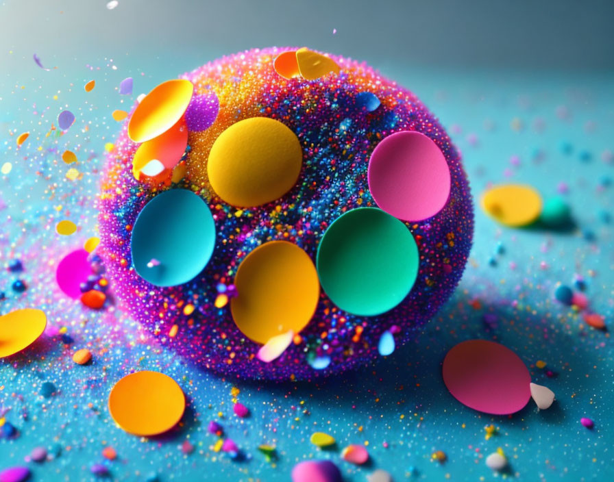 Colorful Sphere with Circular Cutouts Surrounded by Confetti on Blue Background