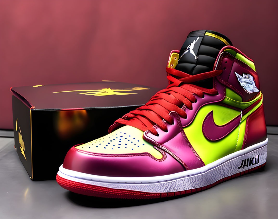 Pink to Yellow Gradient High-Top Sneakers with Swoosh Logo Displayed with Matching Box