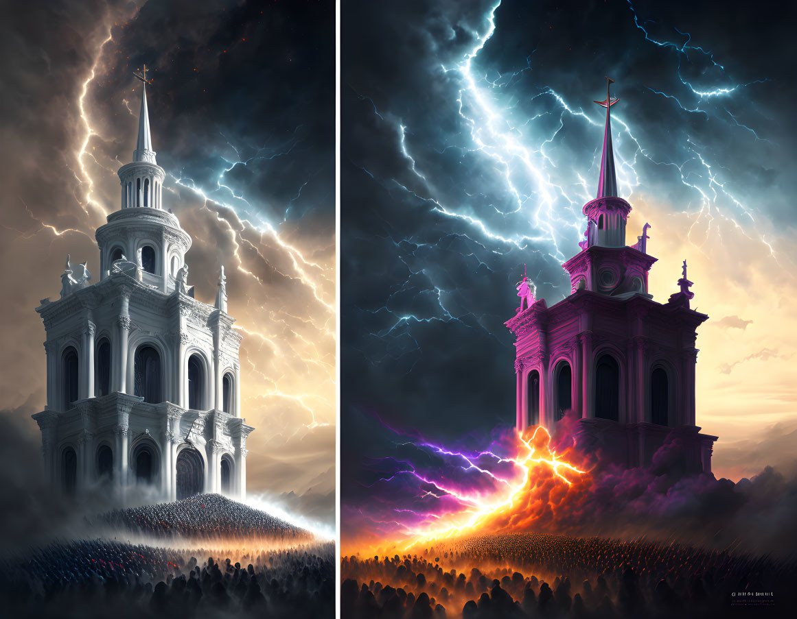 Split-image: Church in Daylight vs. Stormy Skies