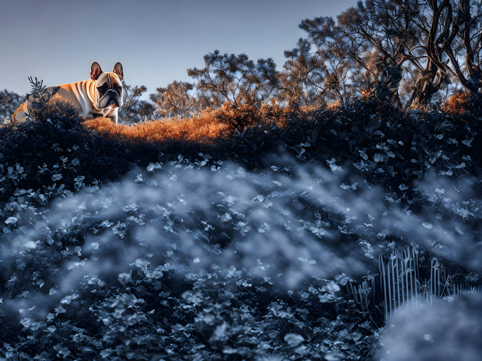 Person sitting on sand dune in desert twilight with vegetation and white flowers.