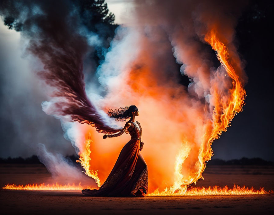 Person in flowing dress surrounded by ring of fire in desert at dusk