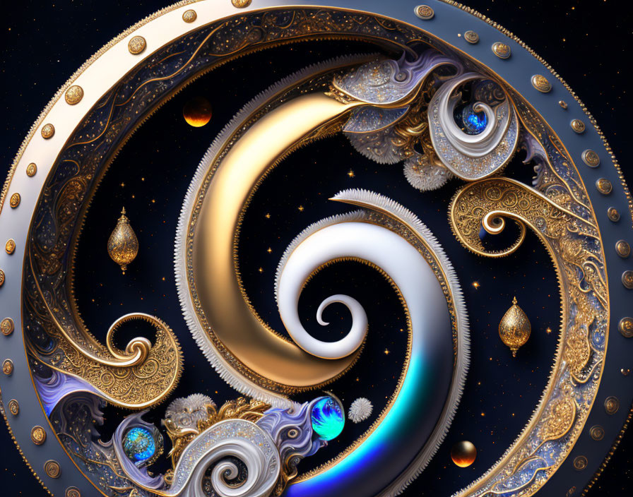 Golden spiral with ornate patterns and jewels on starry night background