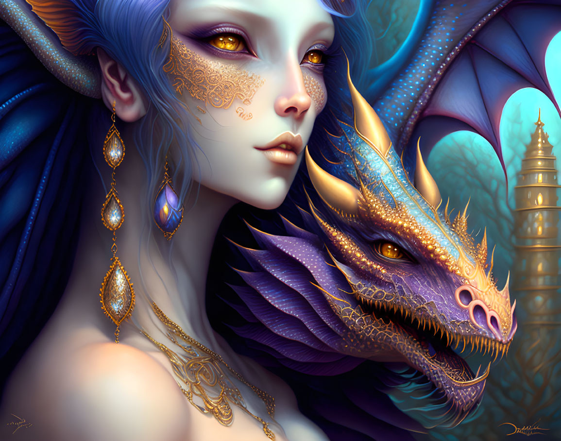 Fantasy illustration of blue-skinned woman and majestic dragon