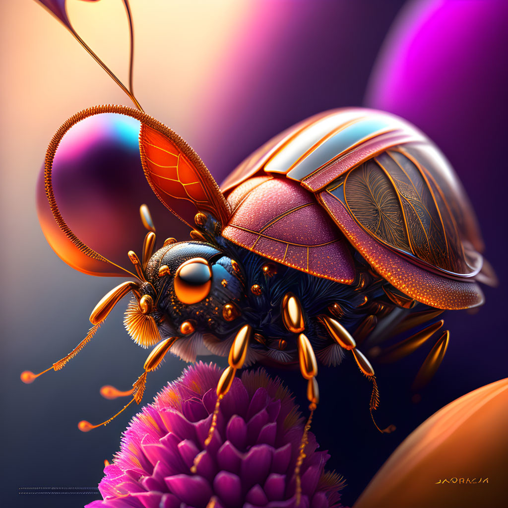 Detailed Stylized Insect Artwork on Flower with Vibrant Colors