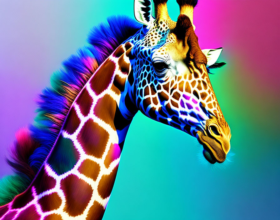 Colorful Giraffe Artwork on Rainbow Background with Enhanced Colors