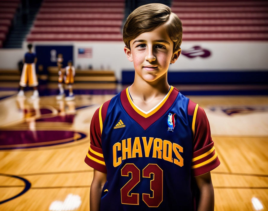 Smiling young basketball player in gym with jersey number 23 and practicing players.