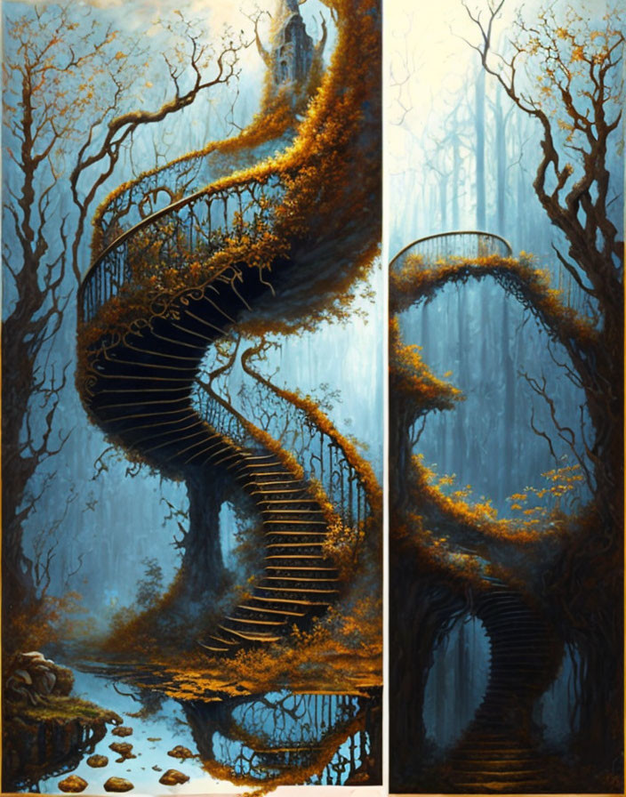 Mystical artwork: Spiraling tree staircase, golden leaves, autumnal to starlit transition