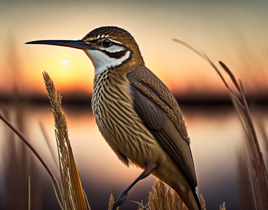 Slender bird with brown plumage perched among reeds at sunset