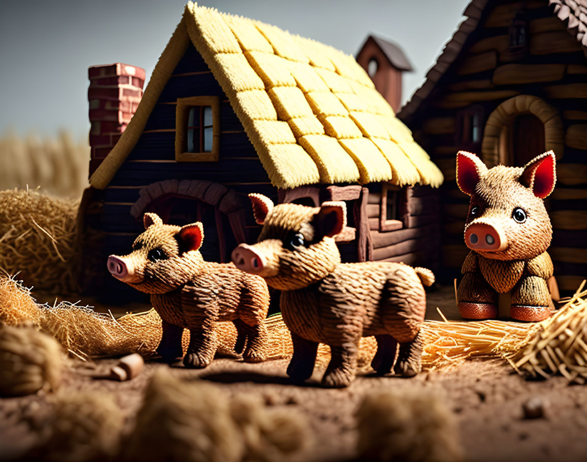 Toy pig figures in front of straw and wooden houses scene.