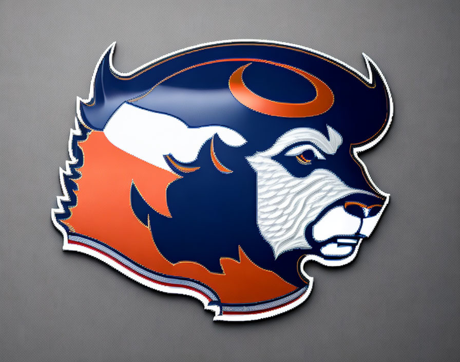 Stylized snarling bear logo in blue and orange on grey background