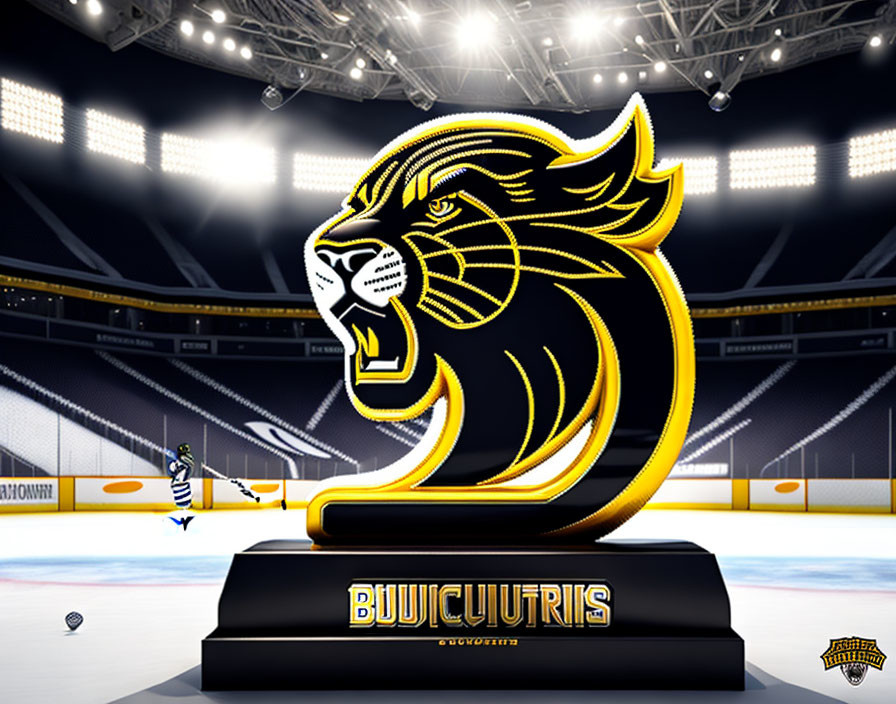 Stylized lion trophy with "BUCIULTURIS" inscription in ice hockey rink