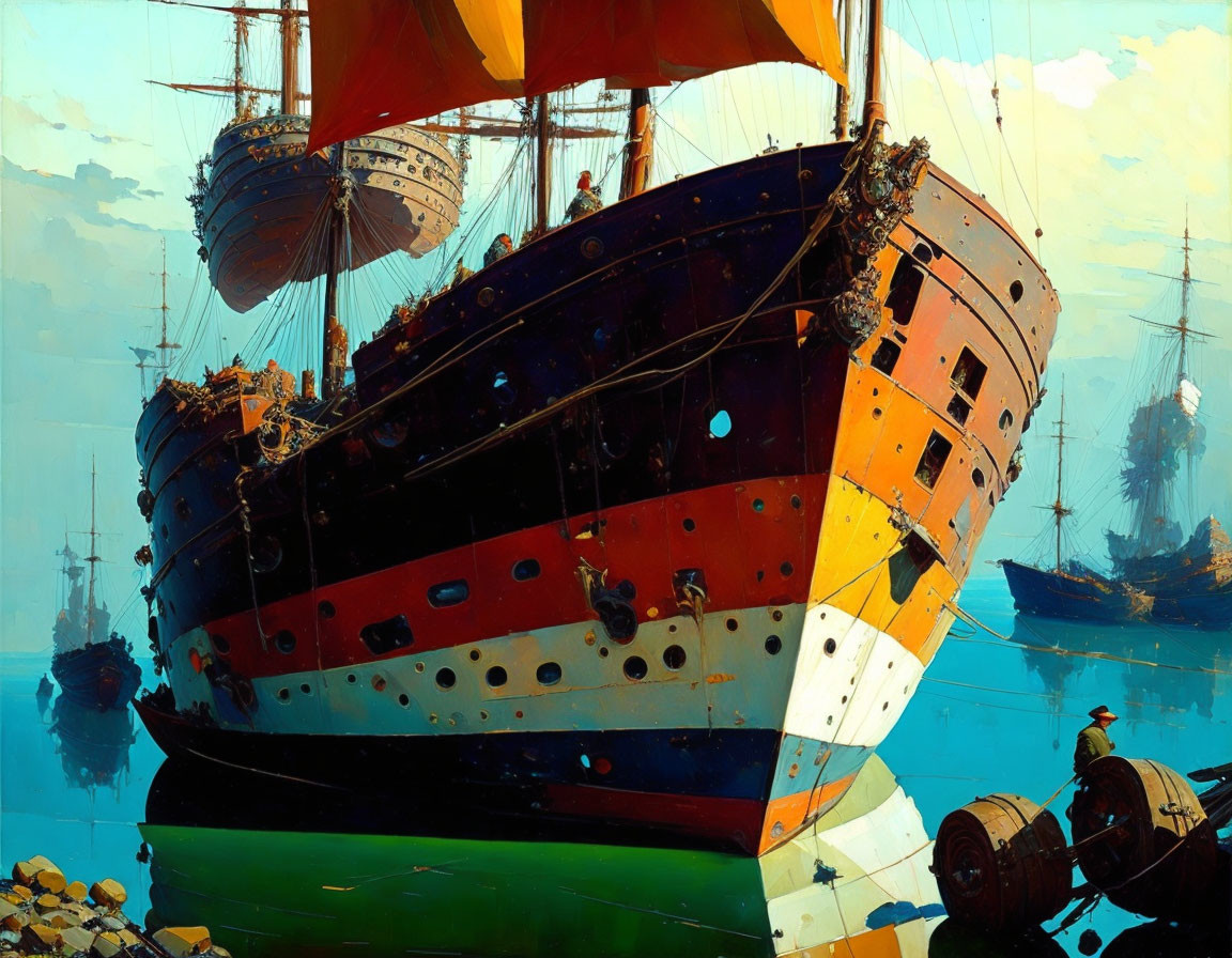 Colorful galleon ship painting in vibrant seascape