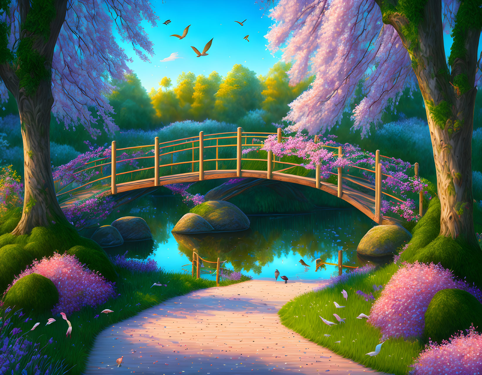 Tranquil park with wooden bridge, pink trees, birds, and pond