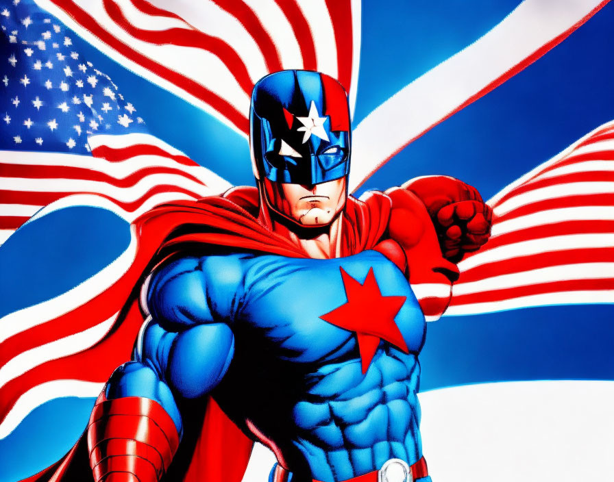 Superhero illustration with star mask and chest, red and blue costume, American flag background