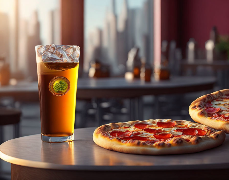 City skyline sunset view with iced tea and pepperoni pizzas