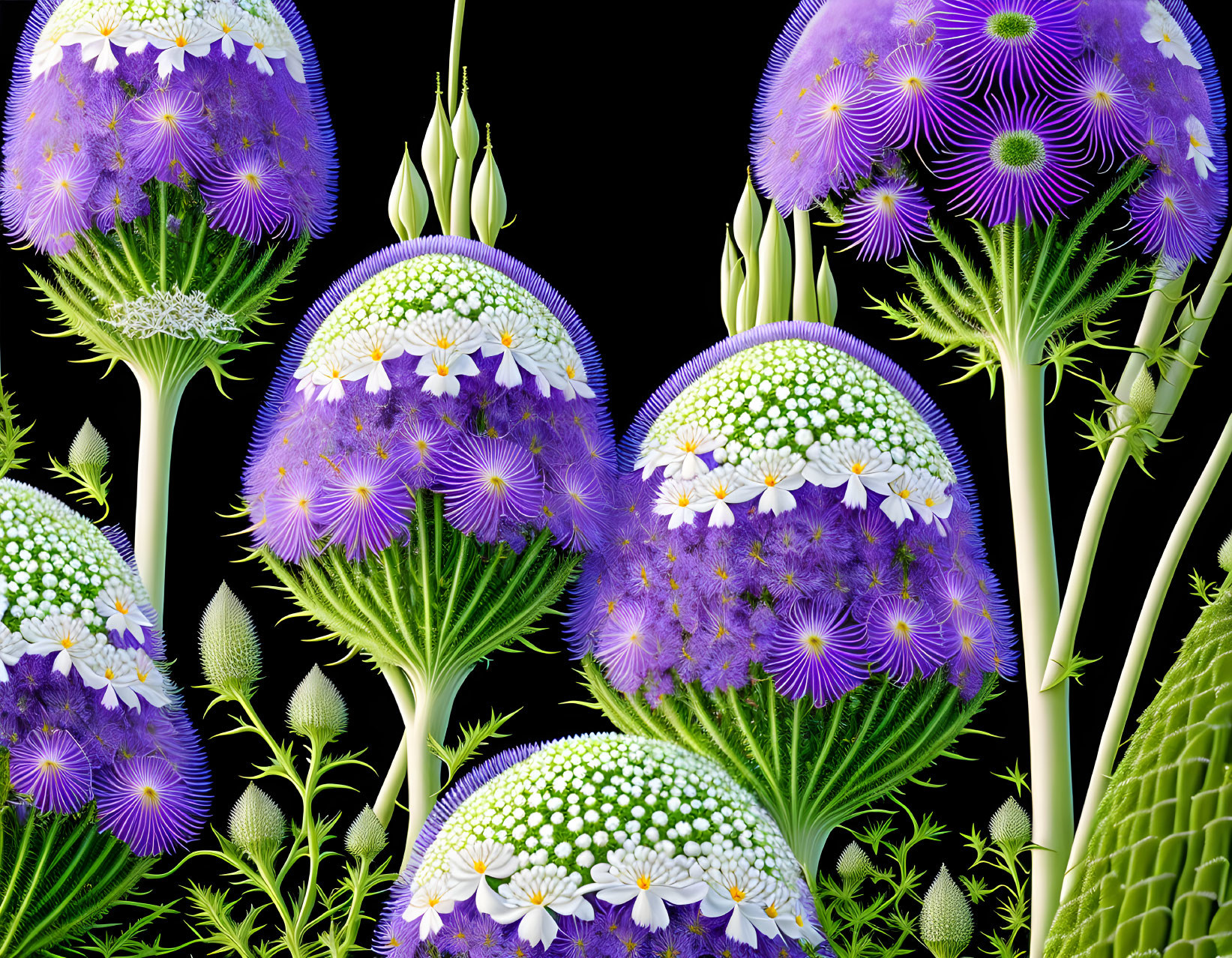 Abstract digital artwork: Blooming purple and white flowers in spherical structures