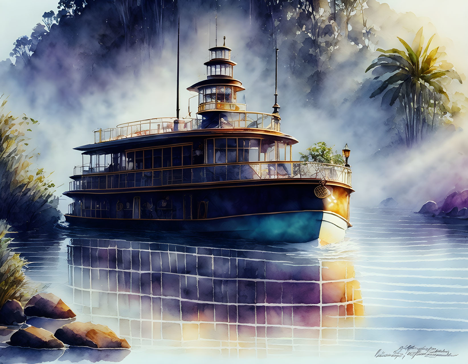 Vintage Riverboat Illustration in Watercolor Style Amidst Tropical River Landscape