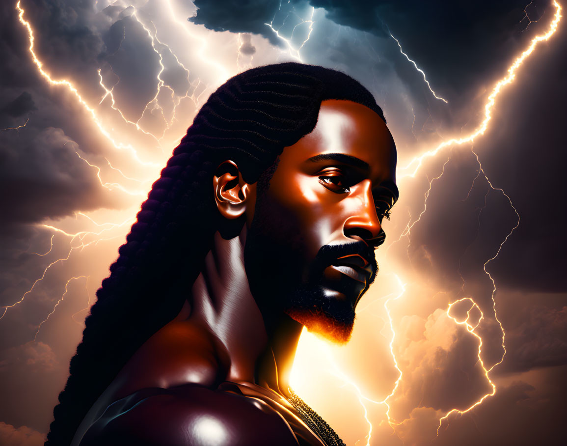 Illustrated portrait: man with braided hair in stormy sky.