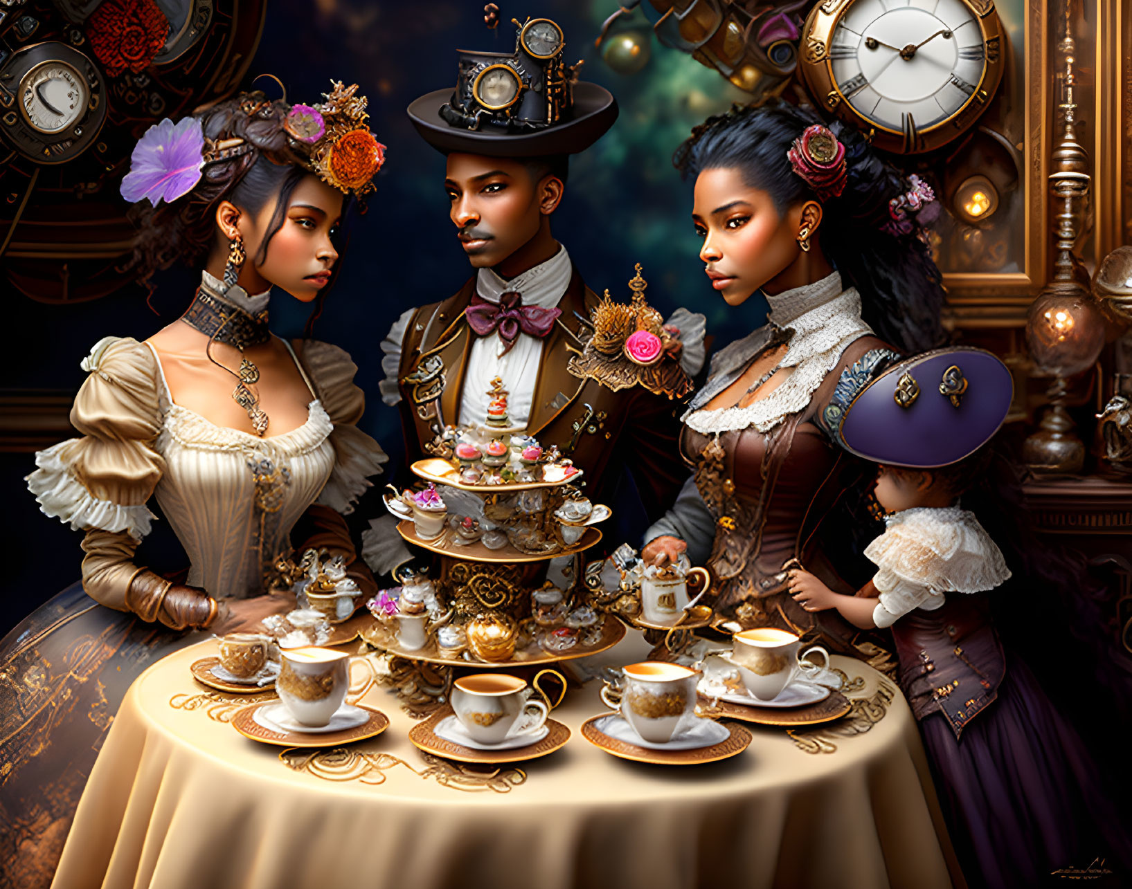 Victorian steampunk tea party with cog-themed tea set and clocks