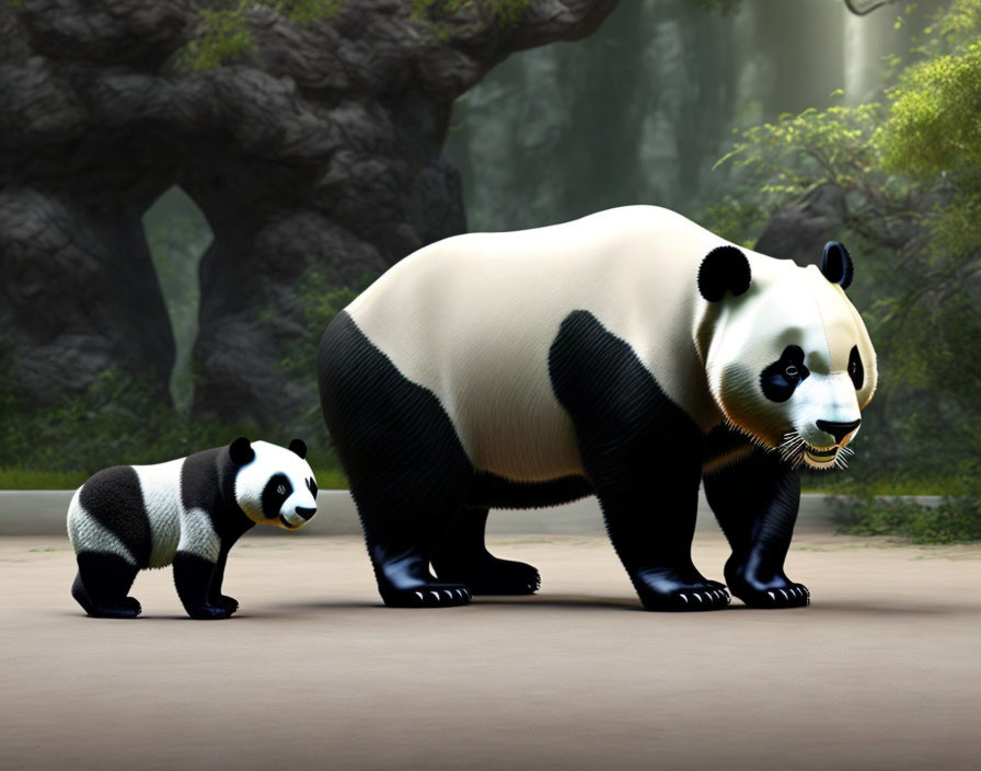 Digital illustration: Adult panda and cub in misty forest