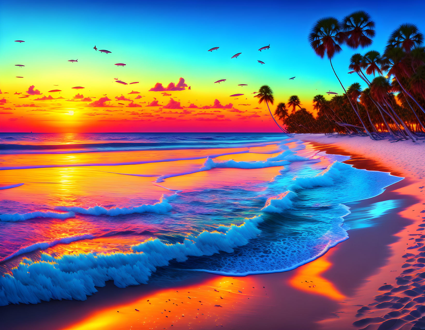 Tropical beach sunset with palm trees, colorful sky, waves, and birds