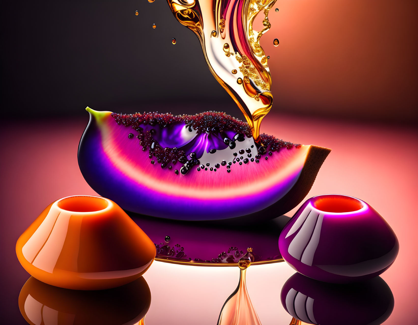 Vibrant surreal image: sliced fruit, liquid gold, jelly-like desserts