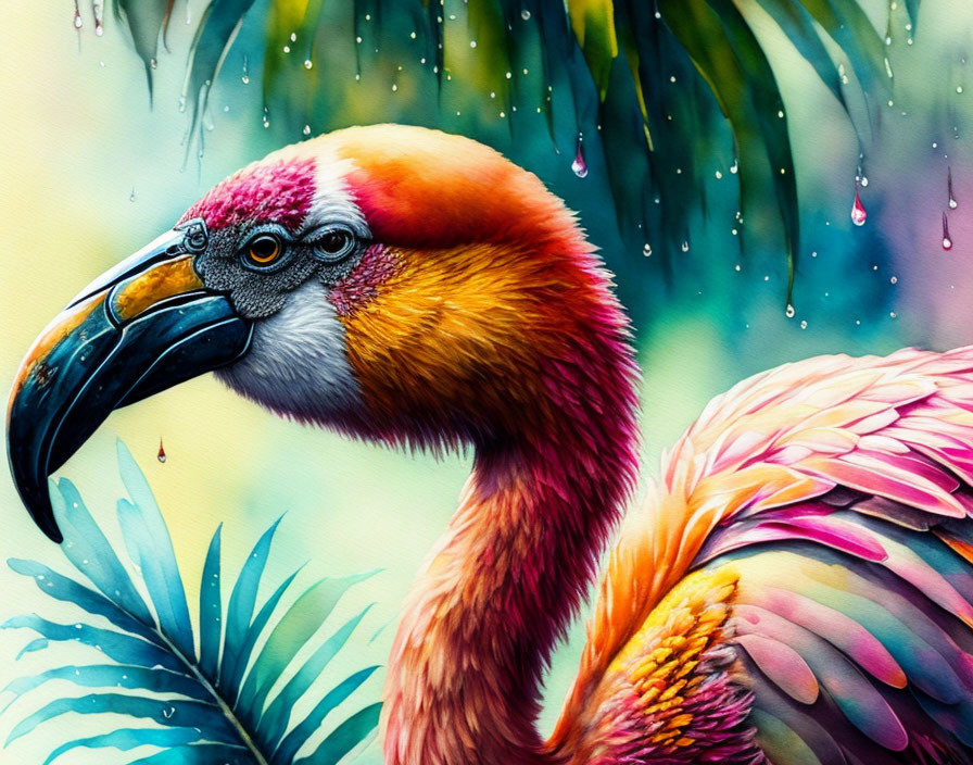 Colorful Flamingo Illustration with Rainbow Plumage in Tropical Setting