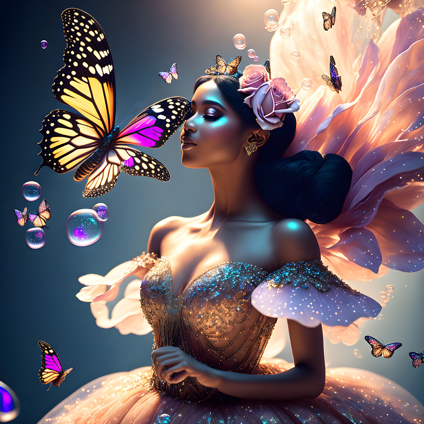 Woman in glittering gown with butterflies and bubbles on blue backdrop