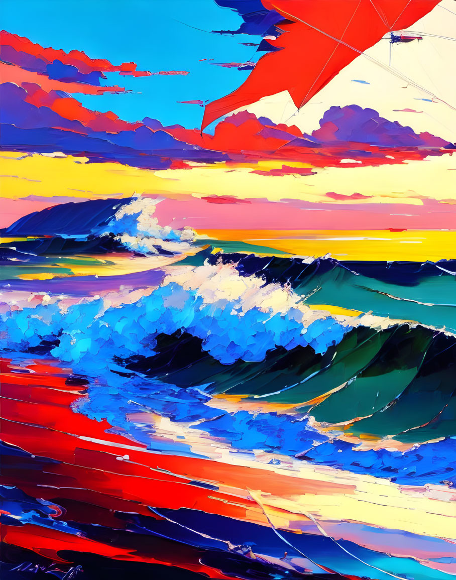 Colorful digital painting of dramatic ocean seascape with expressive waves, sunset sky, and red umbrella.