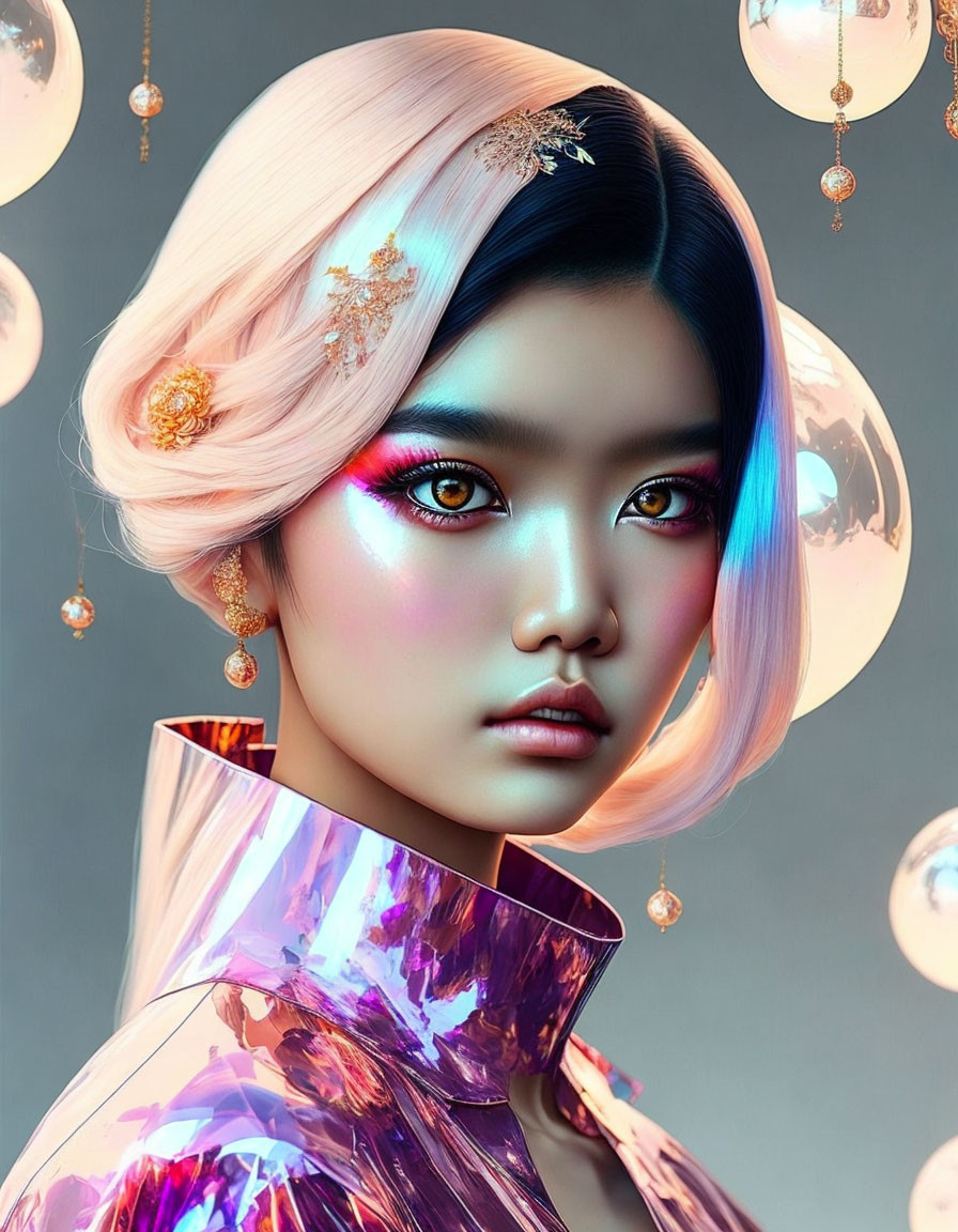 Stylized woman with pastel pink hair and striking makeup surrounded by golden baubles in holog