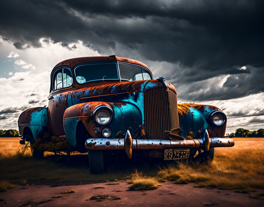 Rusted blue car under dramatic cloudy sky in open field