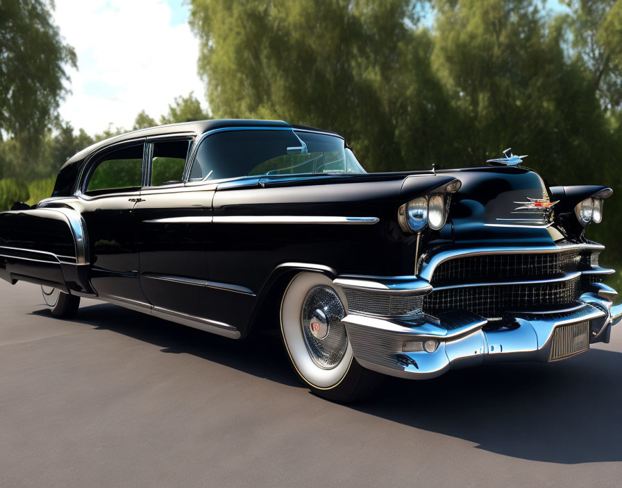 Vintage black Cadillac with chrome trim and whitewall tires parked under leafy green trees on a sunny