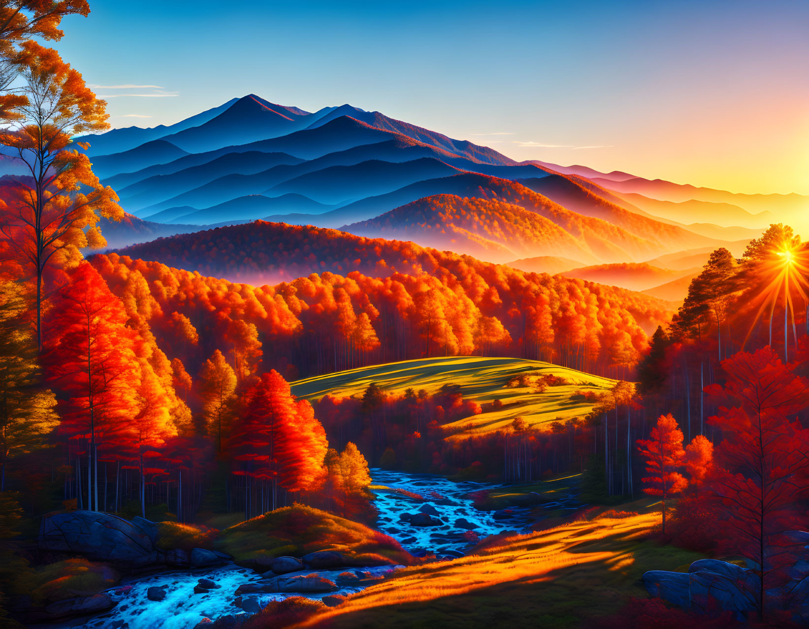 Scenic autumn mountain landscape with river and colorful foliage