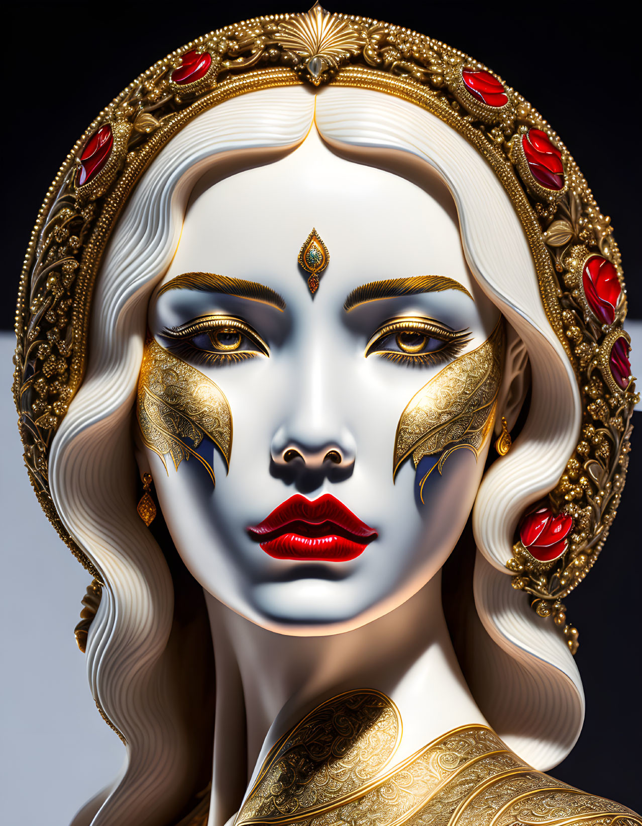 Stylized woman with gold headdress and mystical gaze