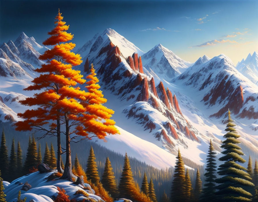 Autumn tree painting with snowy mountains and forests scenery