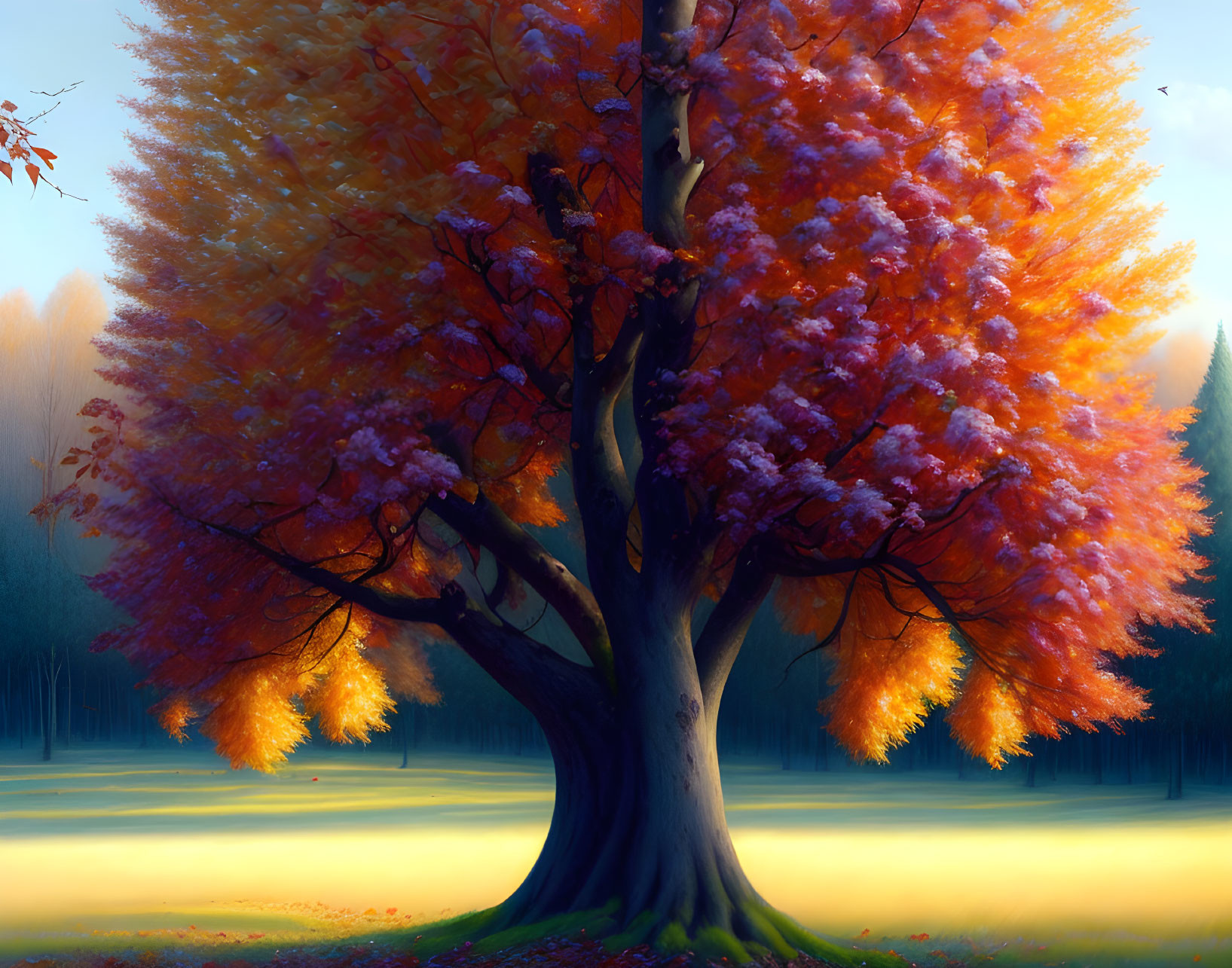 Colorful autumn tree in misty landscape with orange and pink leaves.