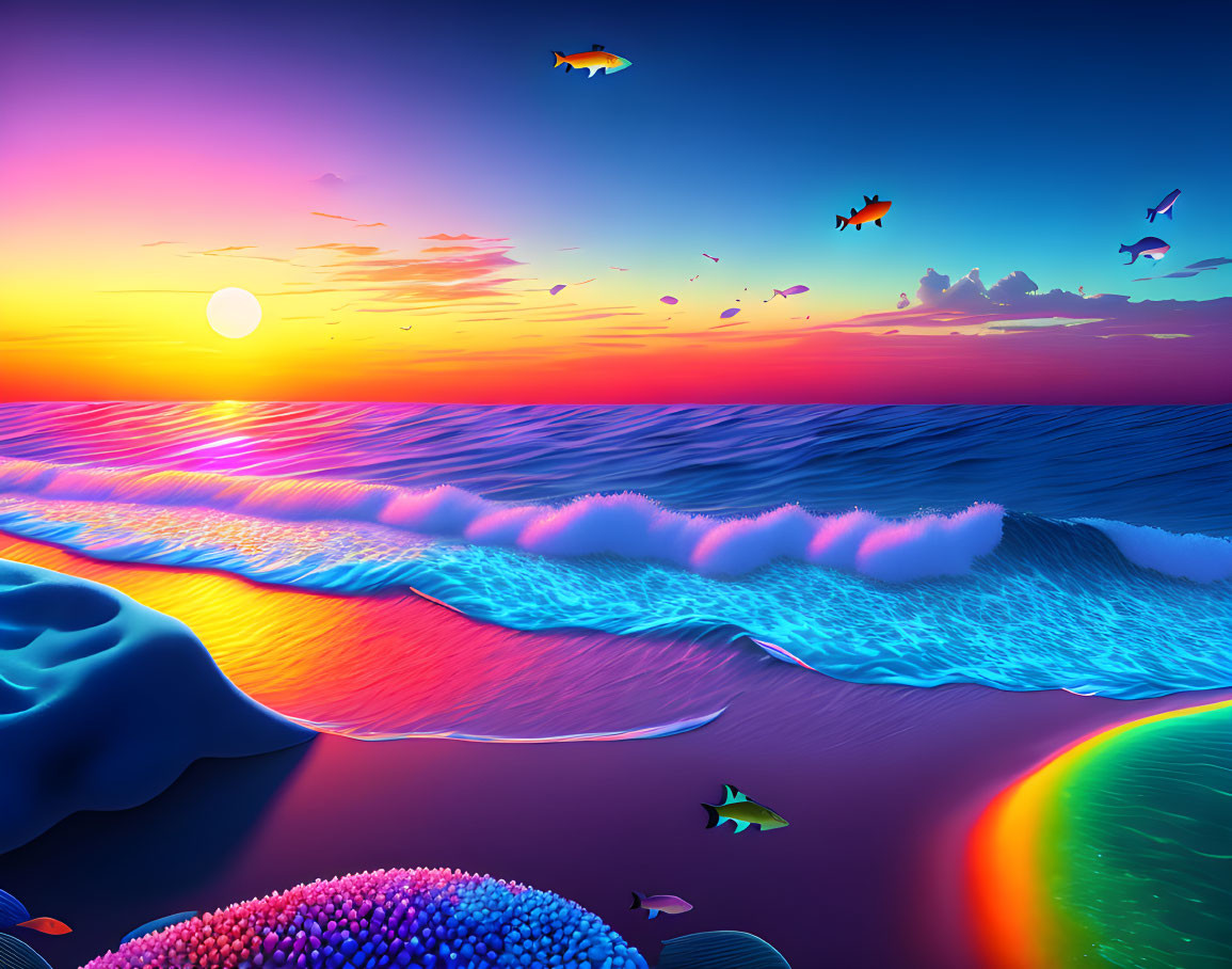 Colorful ocean sunset with flying fish, rolling waves, and reflected rainbow.