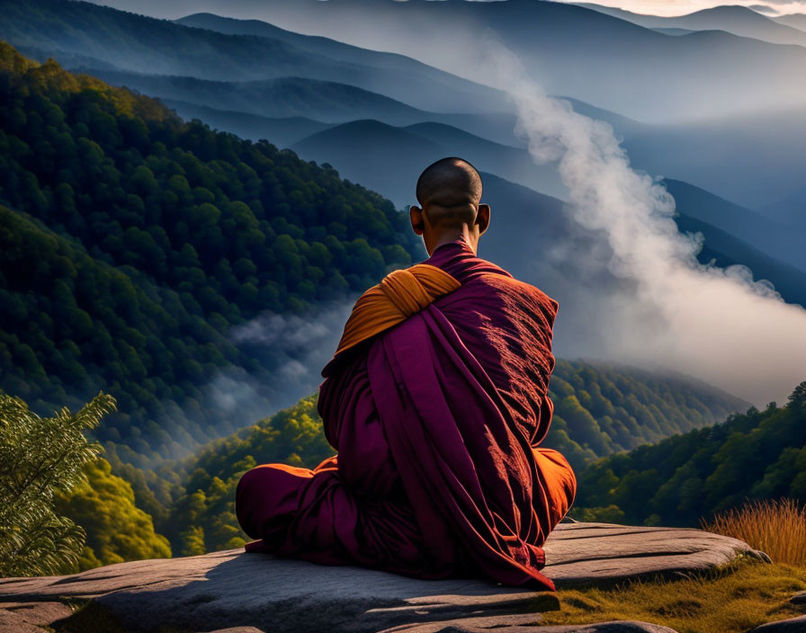 Monk meditating on mountain at sunrise