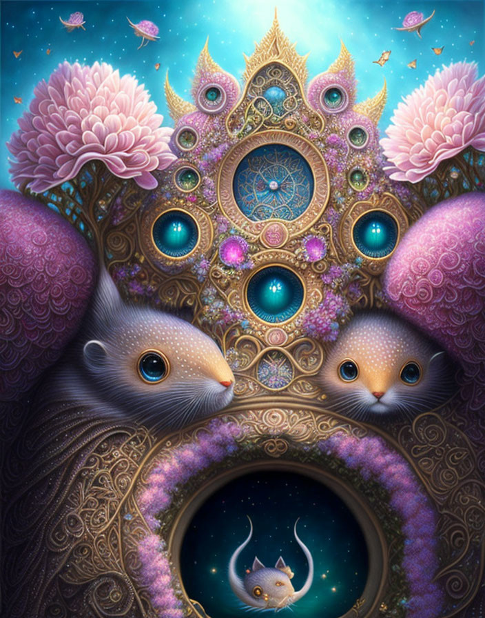 Vibrant digital artwork: squirrel-like creatures, cosmic portal, floating cat, floral starry backdrop