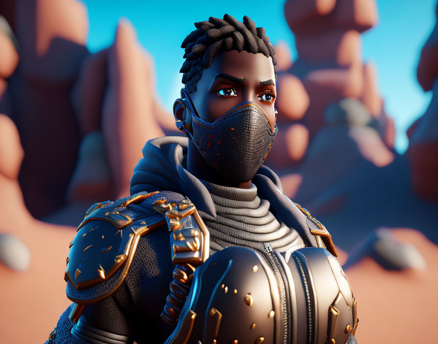 Male character with braided hair in futuristic armor in desert setting