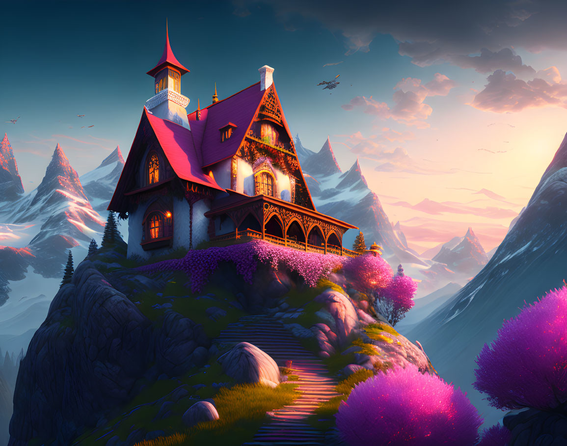 Ethereal fantasy house on hill with purple foliage, snow-capped mountains, sunset sky