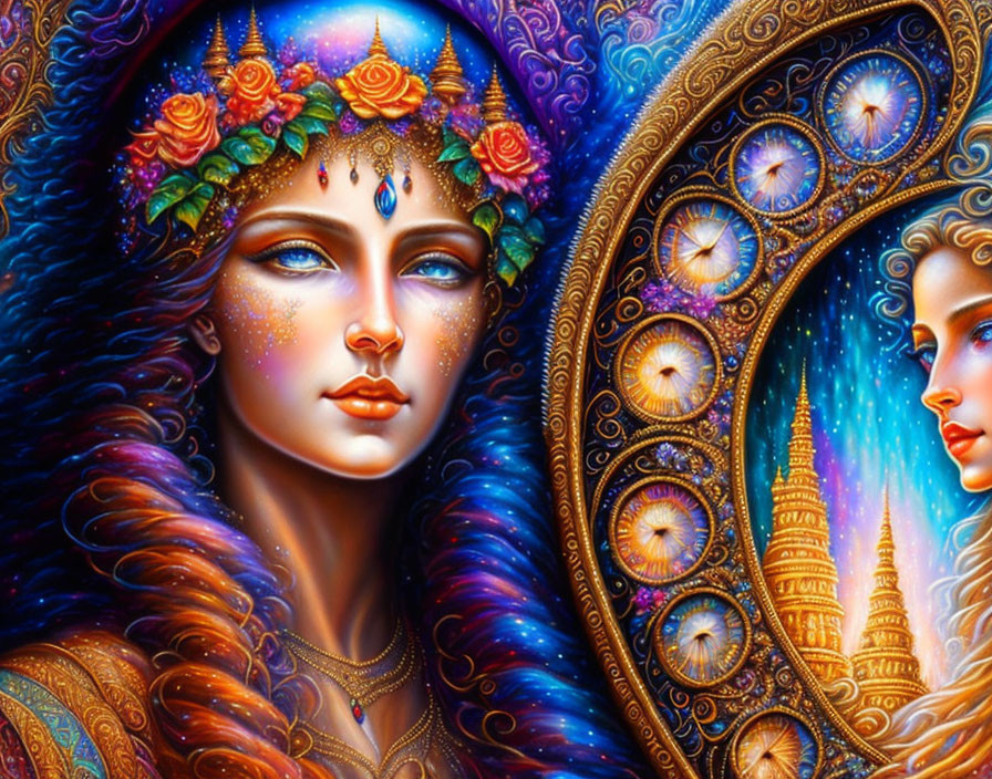 Blue-skinned woman with headband mirrored by towers in artwork