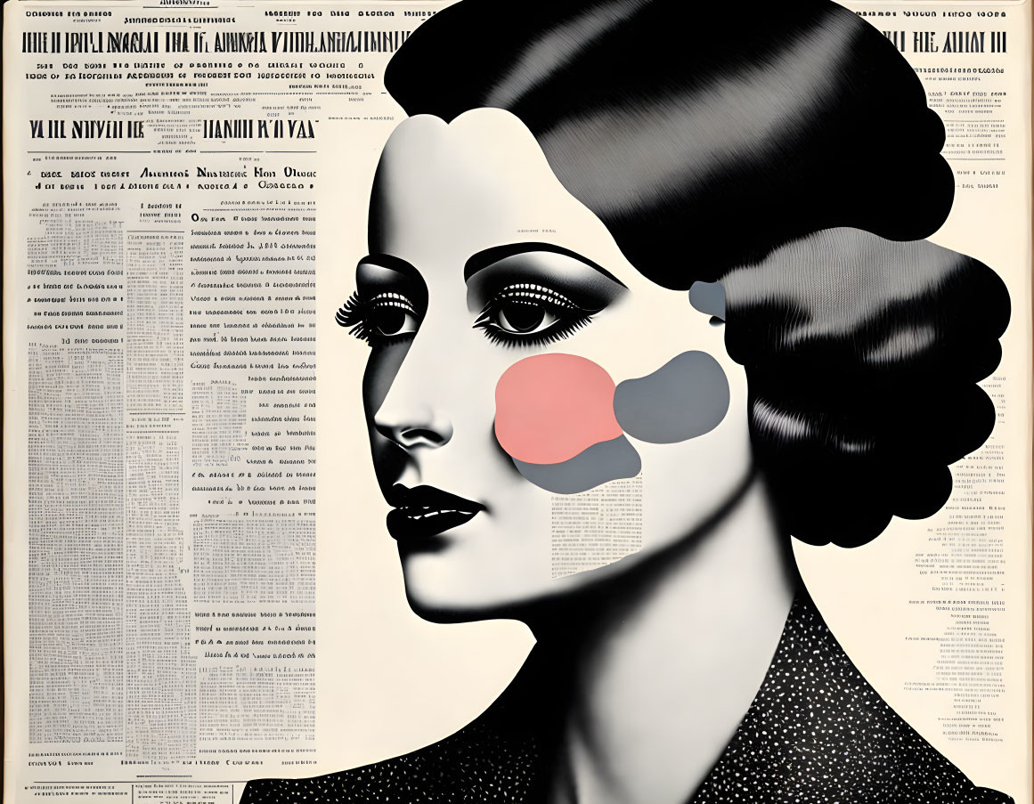 Stylized woman's face with large eyes on newspaper background