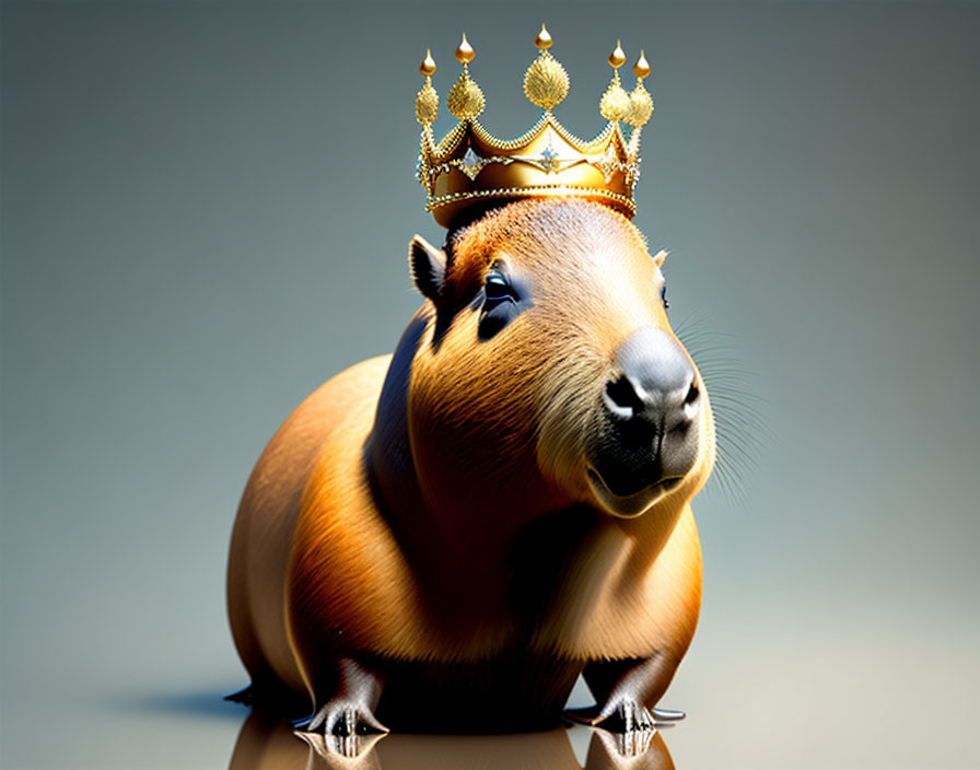 Capybara wearing golden crown on gray gradient backdrop