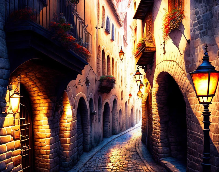 Traditional European village street at dusk with hanging lanterns